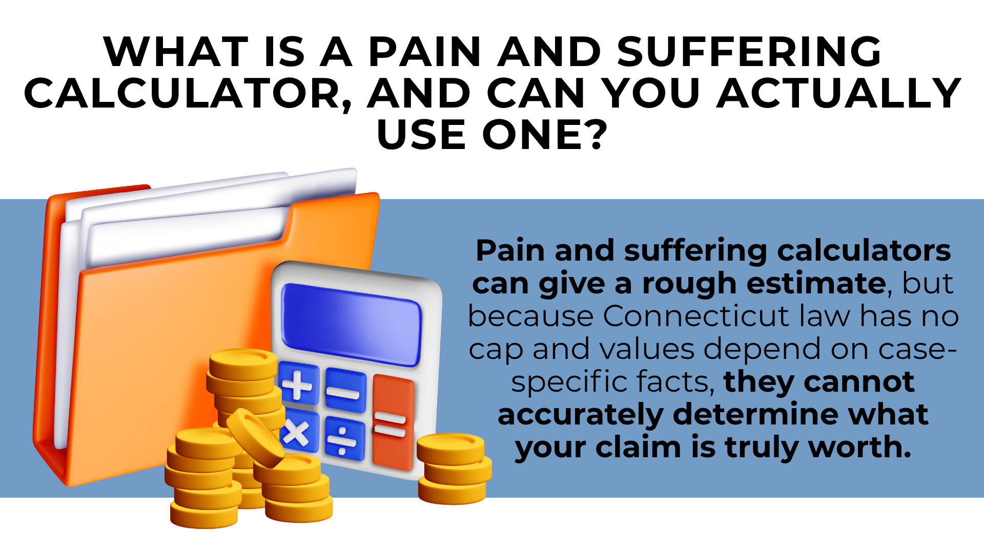 Calculator coins and folders with text explaining limits of pain and suffering calculators in Connecticut claims
