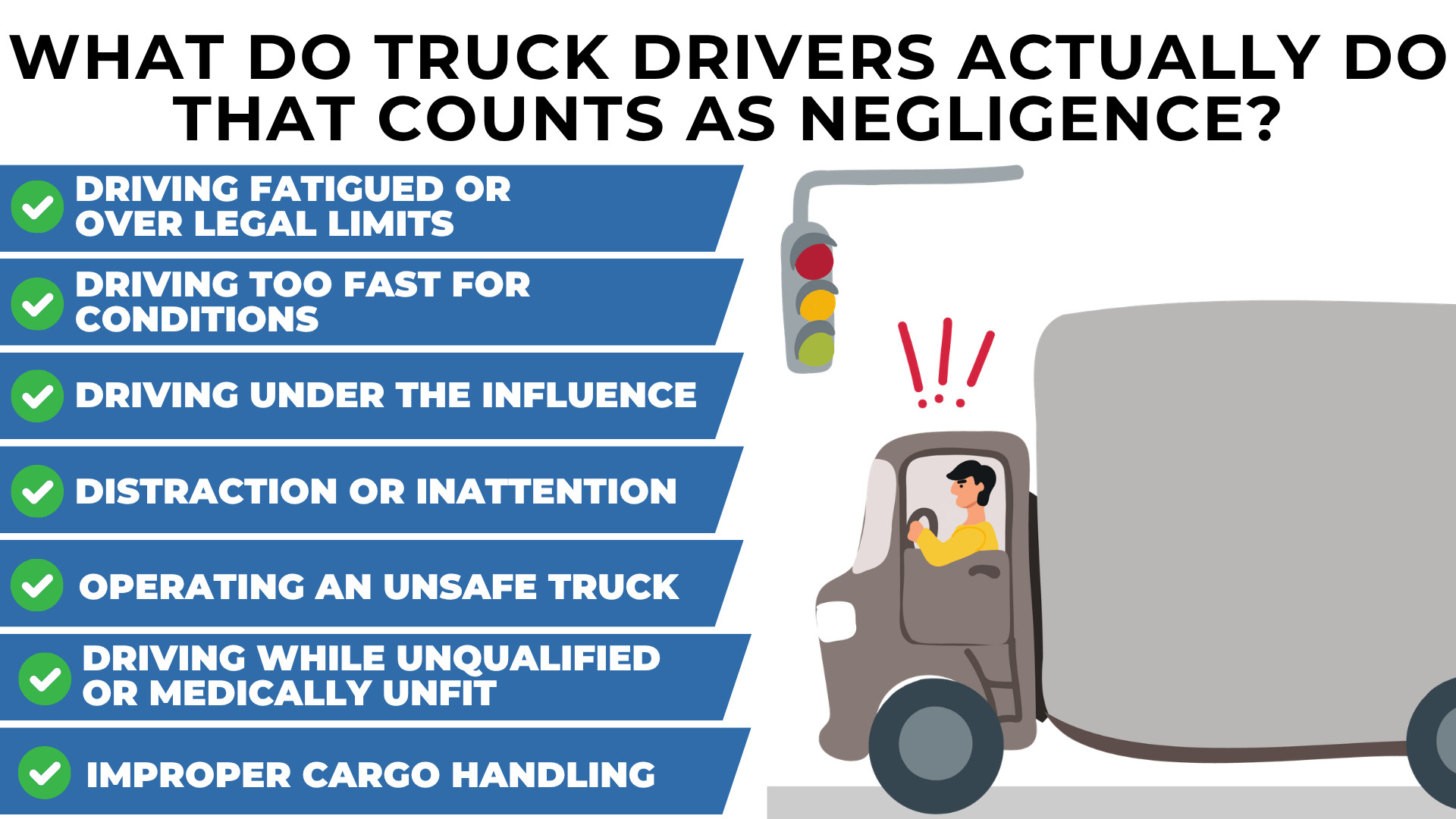 Checklist with traffic light and truck listing fatigue, speeding, DUI, distraction, unsafe vehicle, and cargo errors