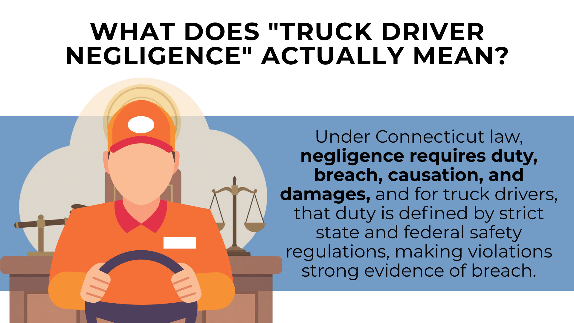 Driver holding wheel with scales of justice explaining duty, breach, causation, and damages under law