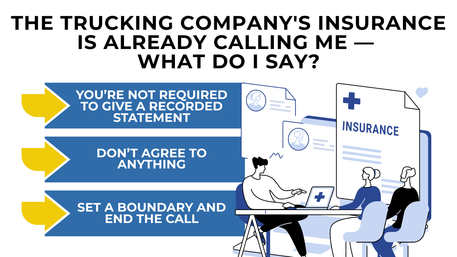 Arrows and insurance documents advising not to give statements and to set boundaries on calls