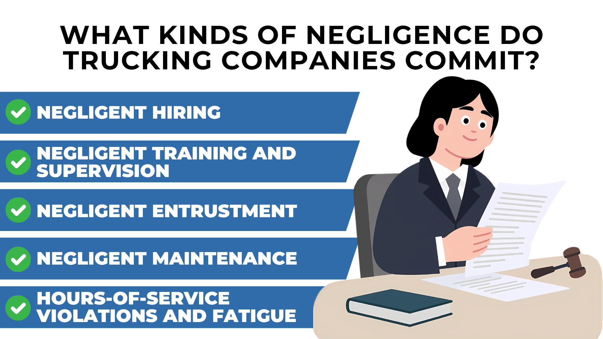 Attorney reviewing papers listing negligent hiring, training, supervision, maintenance, and fatigue related violations