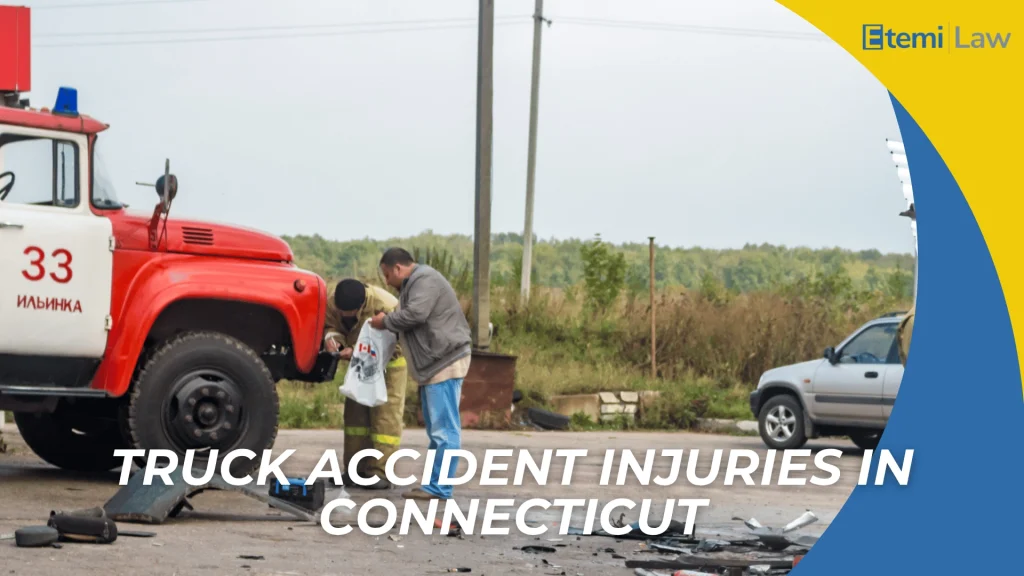 Crash scene with fire truck and responders, headline about truck accident injuries in Connecticut