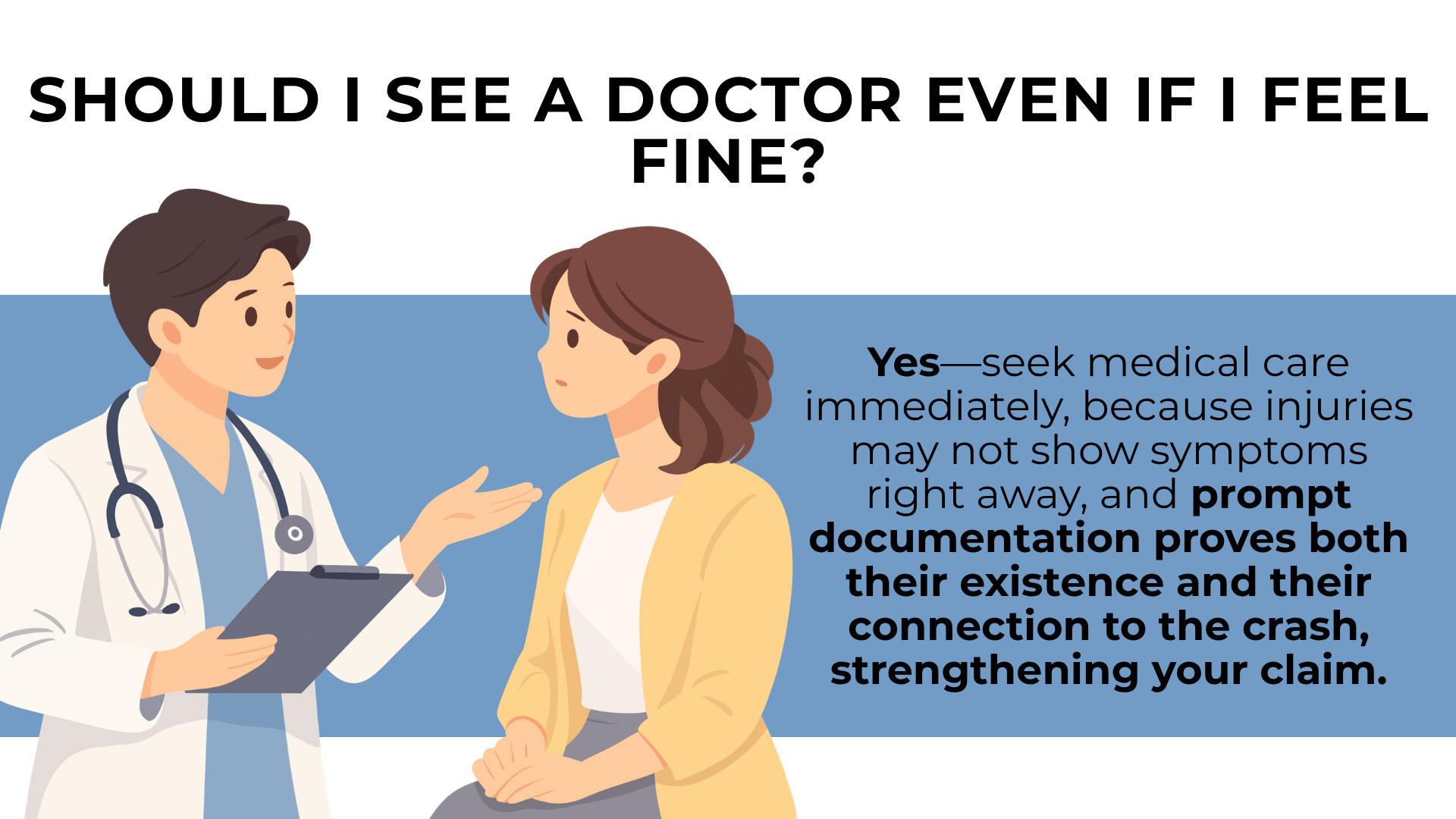Doctor speaking with patient with text advising immediate care and documenting injuries after crash