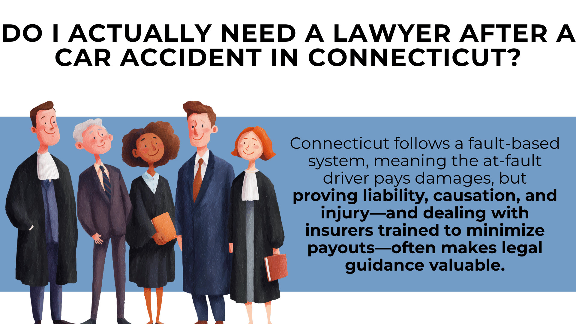 Group of attorneys beside text explaining fault system and why legal help can be valuable after accidents
