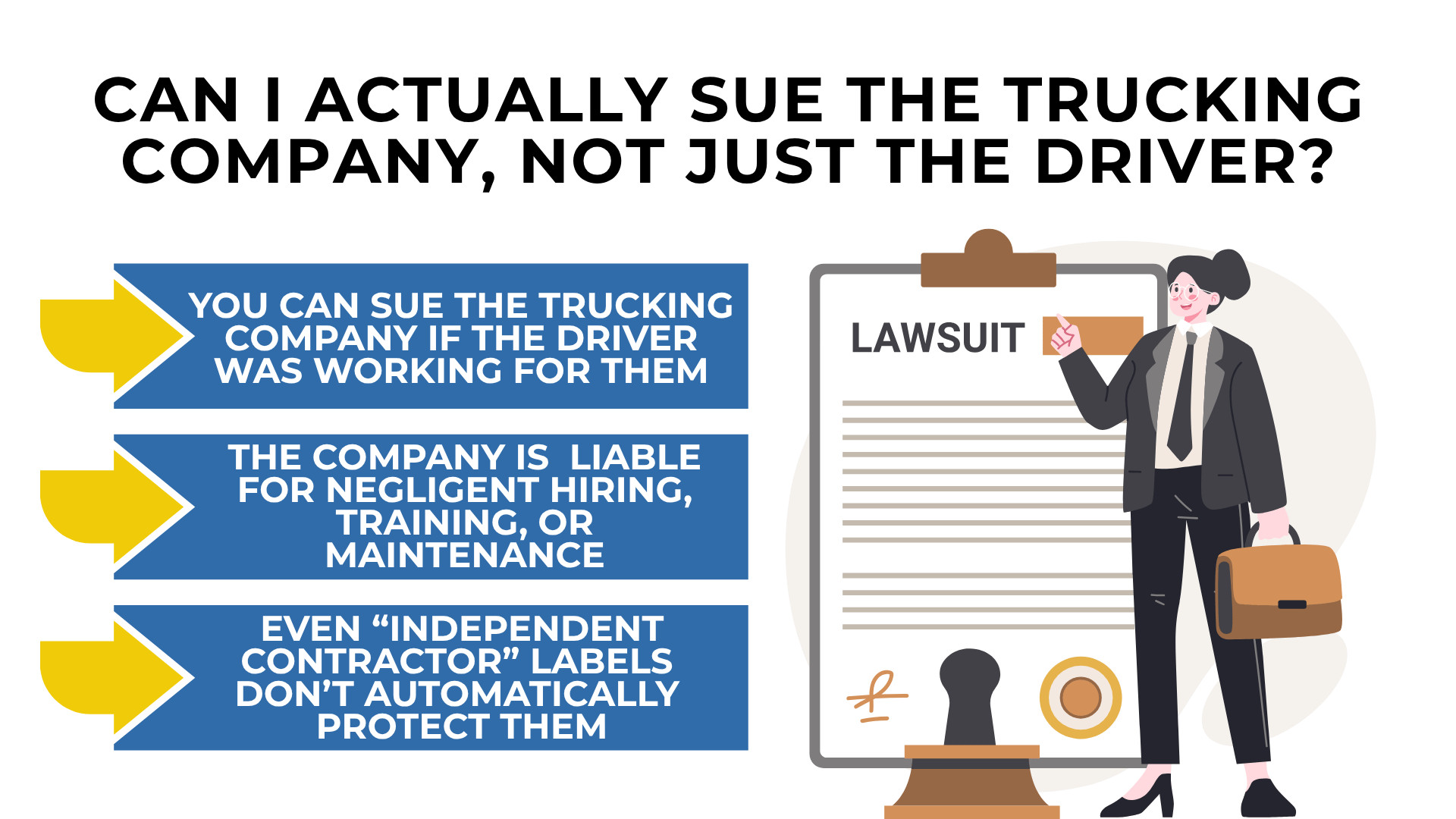 Lawyer beside lawsuit clipboard explaining you can sue trucking company for employment, negligence, and liability