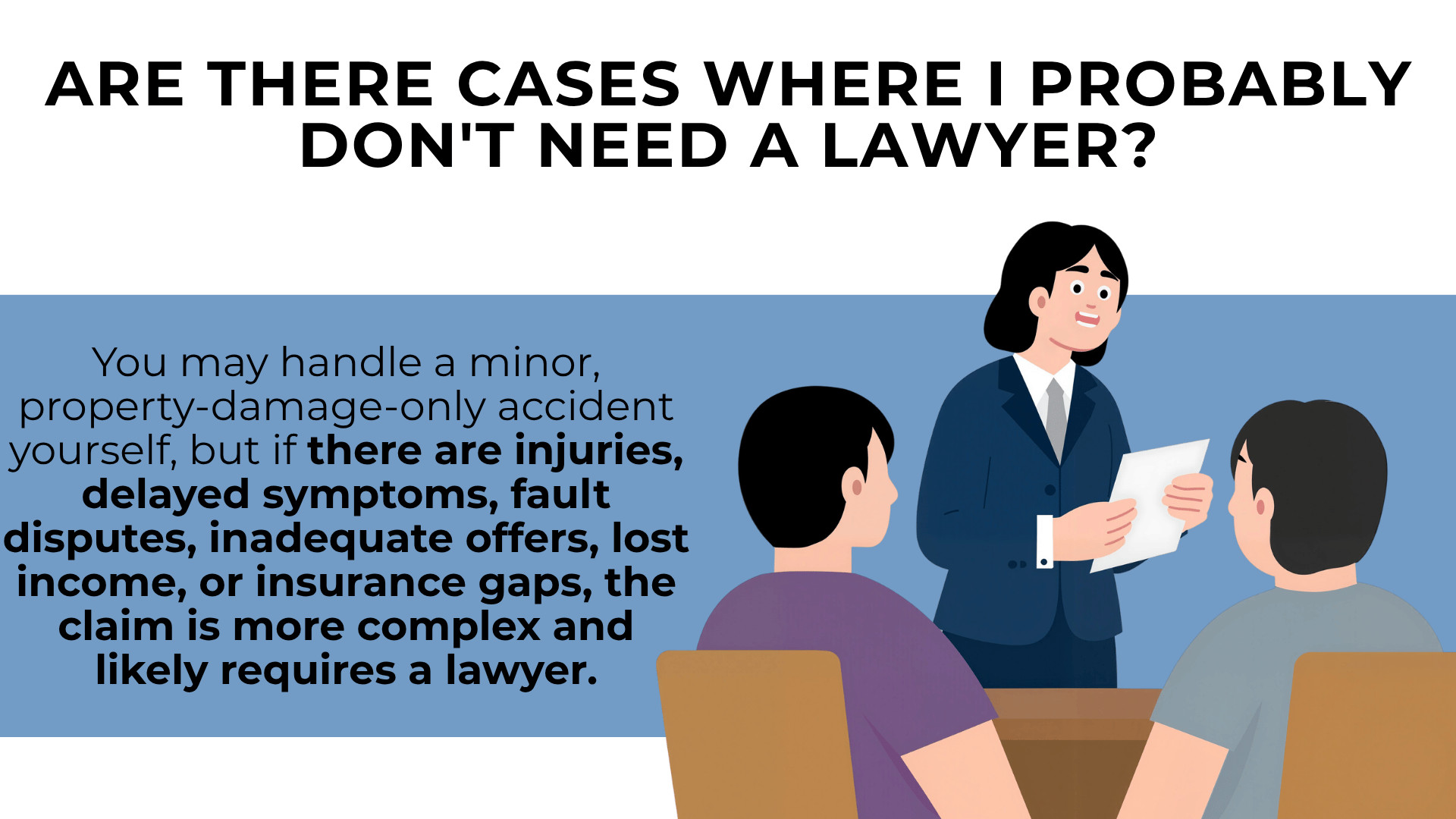 Person explaining options to two people with text about handling minor accidents versus complex injury claims