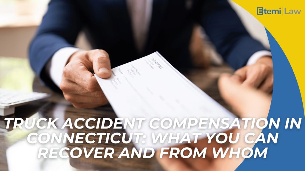 Person handing over check with headline about truck accident compensation and who may be liable