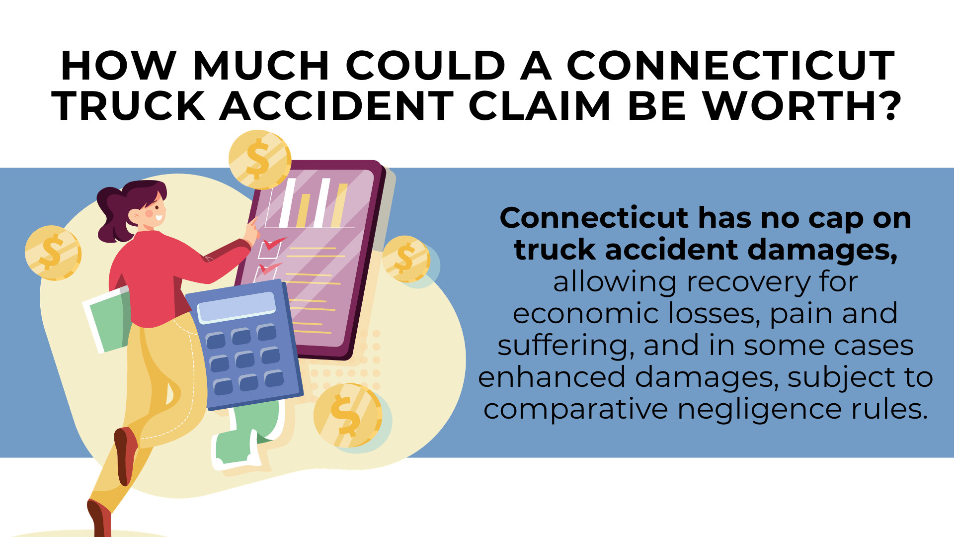 Person with calculator and chart showing no damage caps and potential compensation in truck claims