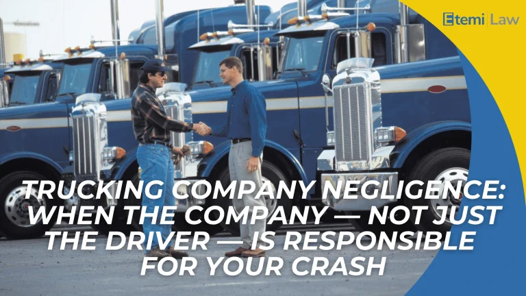 Two men shaking hands in front of semi trucks highlighting trucking company negligence and shared crash liability