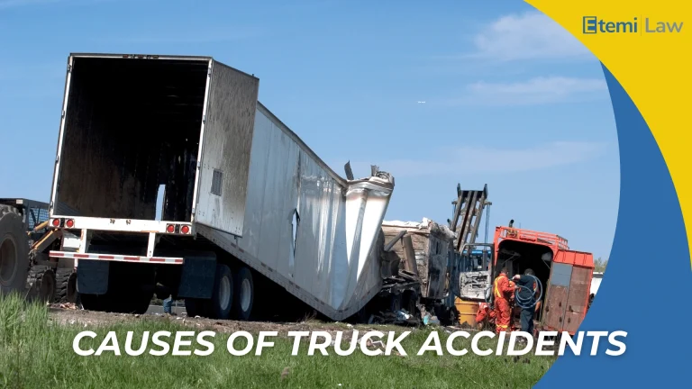Damaged semi trailer at crash site with responders and equipment introducing causes of truck accidents topic