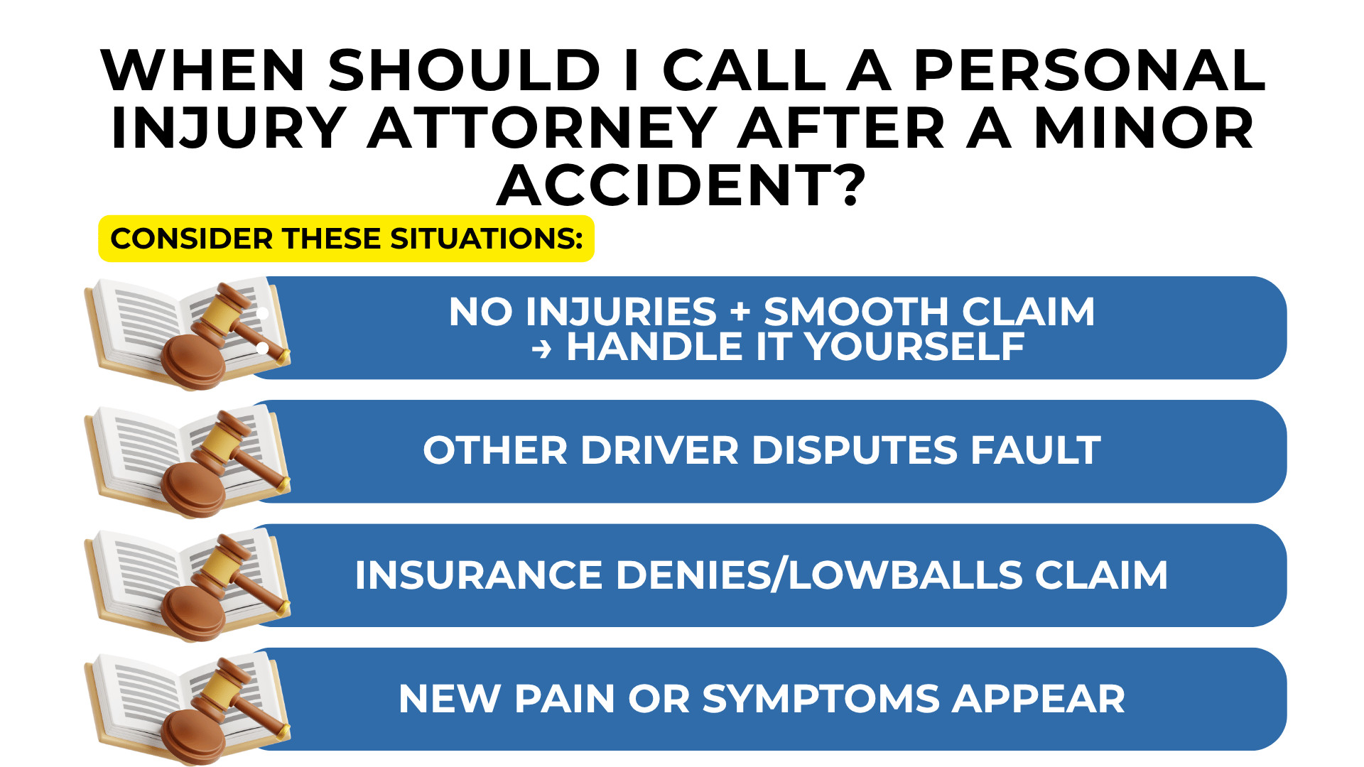 Checklist with gavel icons outlines when to call a lawyer including disputes low offers or new symptoms