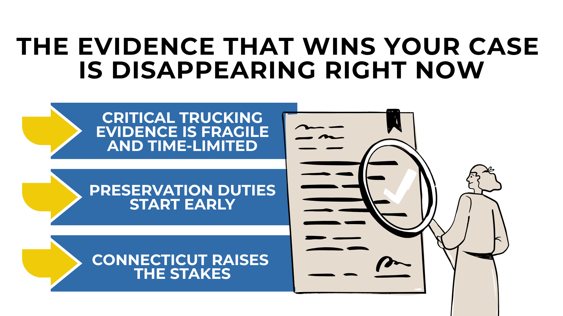 Document with magnifying glass and checklist highlighting fragile trucking evidence and early preservation