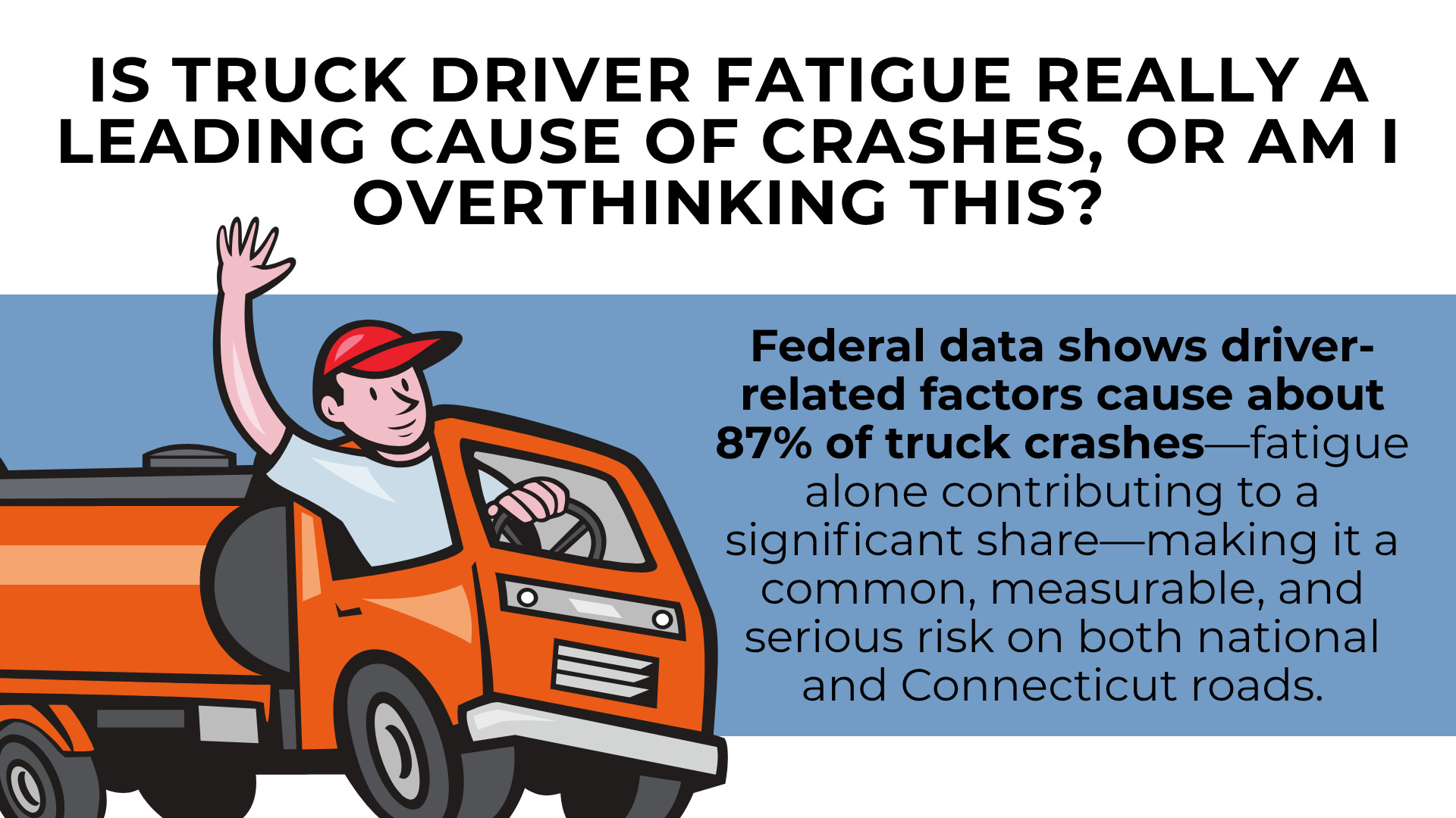 Driver waving from truck with text explaining 87 percent of crashes involve driver factors including fatigue