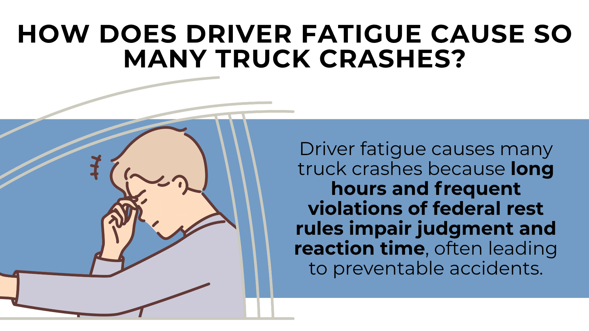 Drowsy driver illustration explaining long hours and rest rule violations reduce reaction time and cause crashes