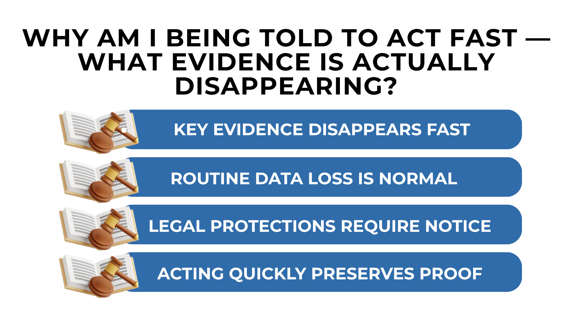 Gavel and book icons with list explaining fast evidence loss, routine data deletion, notice rules, and quick action