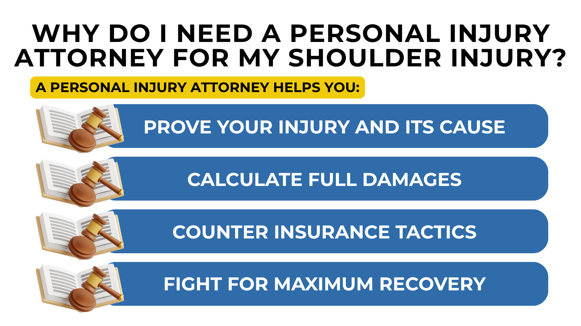 Gavel icons list help proving injury calculating damages countering insurers and maximizing recovery