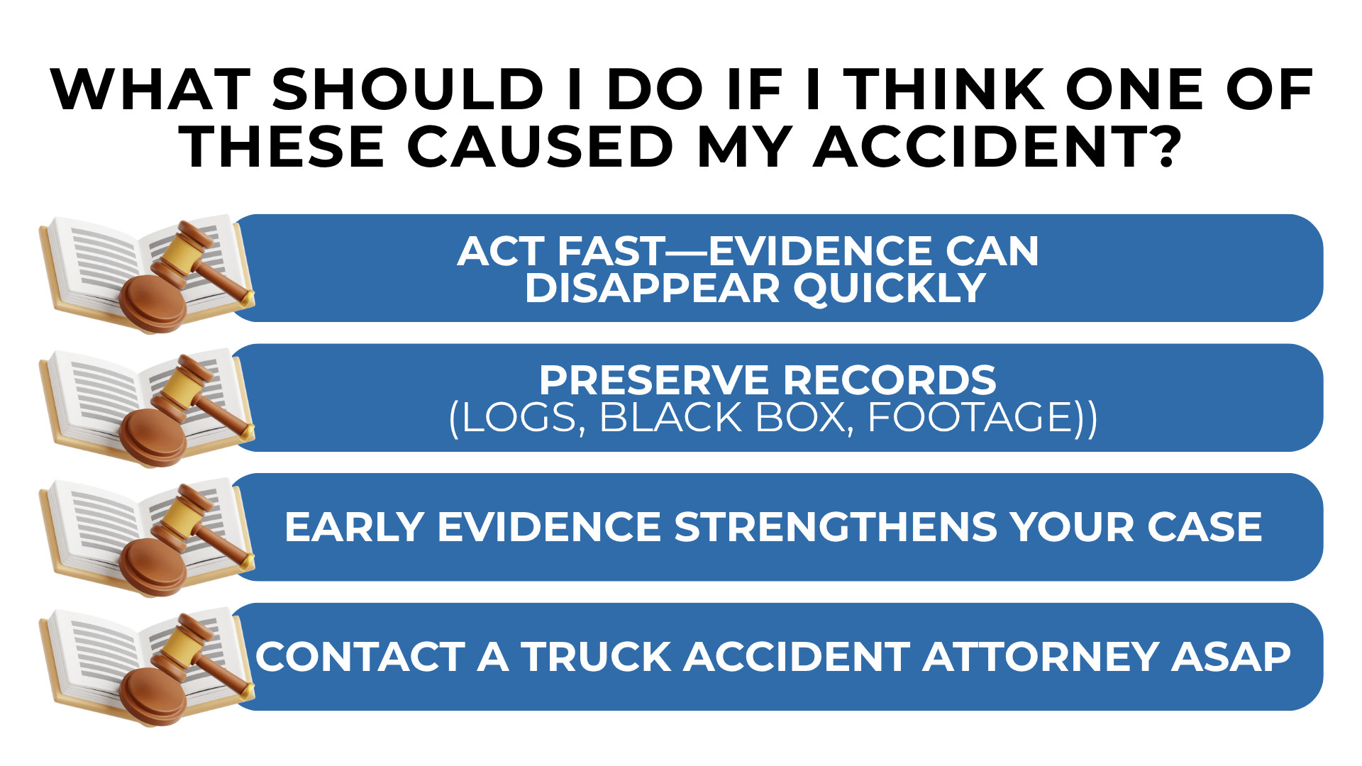Gavel icons with steps advising act fast preserve logs and contact attorney to protect truck accident claim