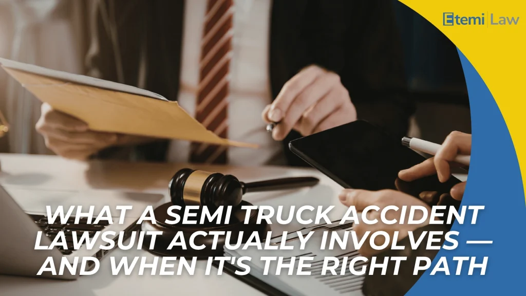 Gavel, legal documents, and hands reviewing files with headline about semi truck accident lawsuit process