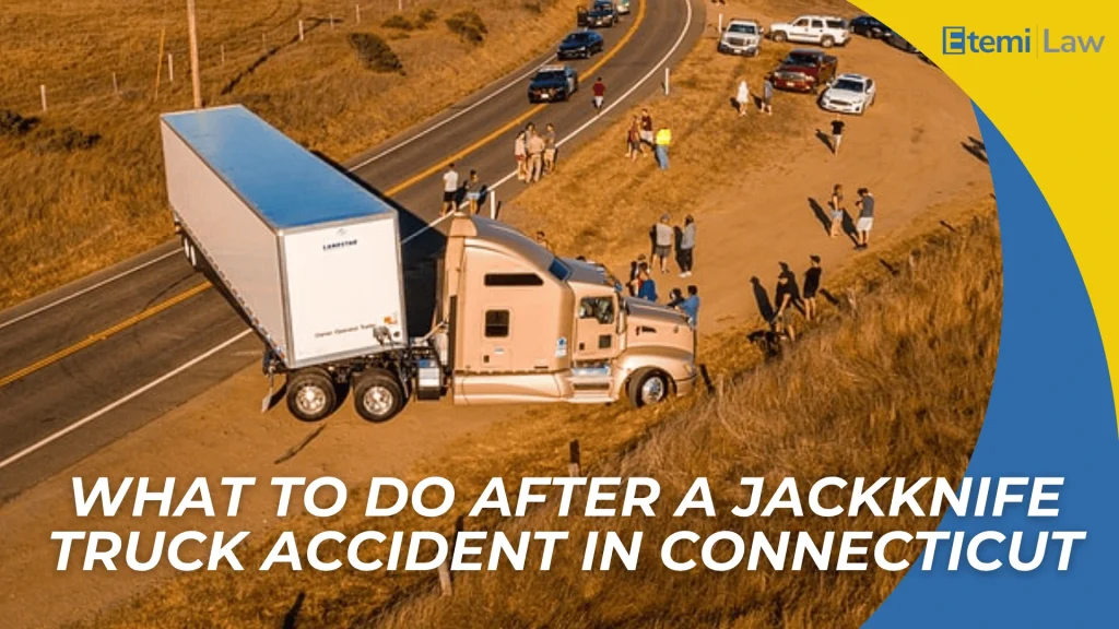 Overhead scene of semi-truck crash off rural road with bystanders, introducing post-accident steps in Connecticut