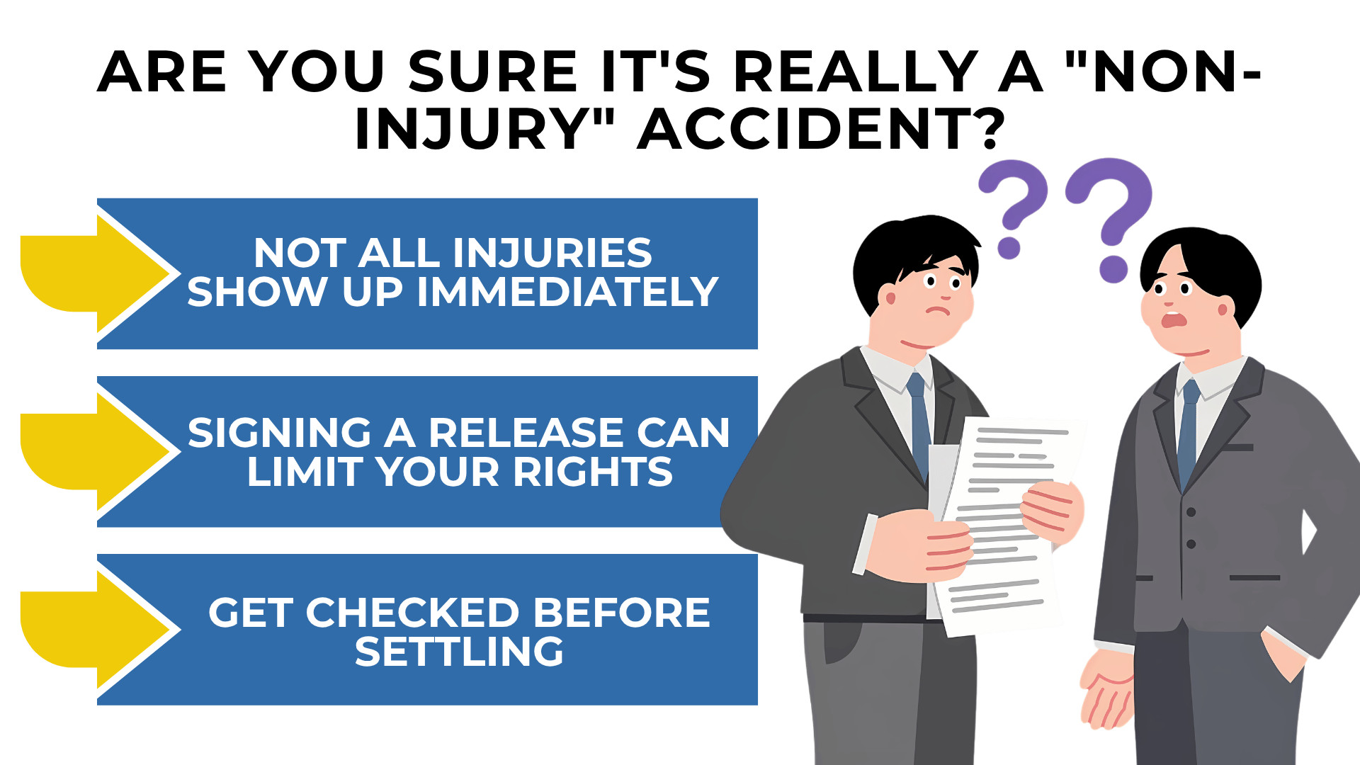 Two people reviewing paperwork with question marks highlighting hidden injuries release risks and need for medical checks