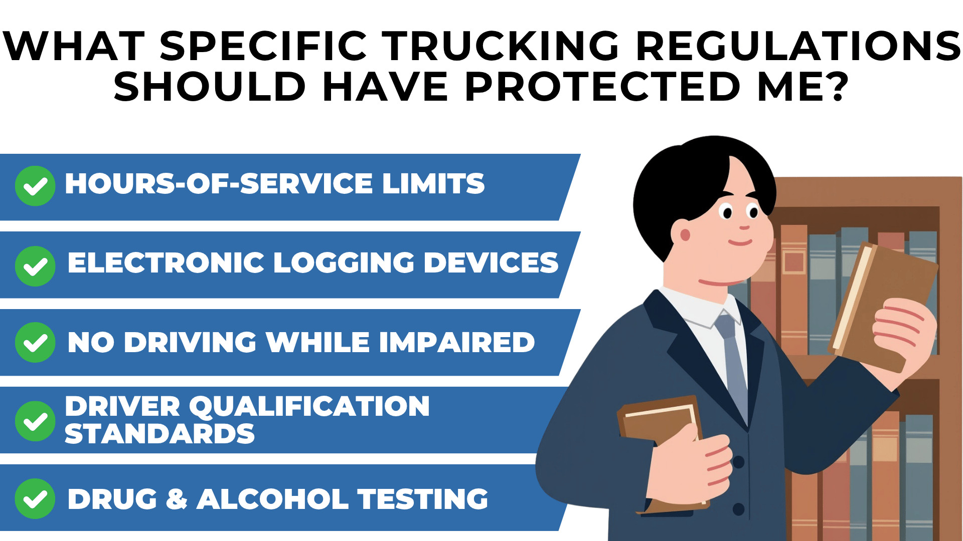 Checklist listing hours limits, logging devices, impairment rules, driver qualifications, and drug testing requirements