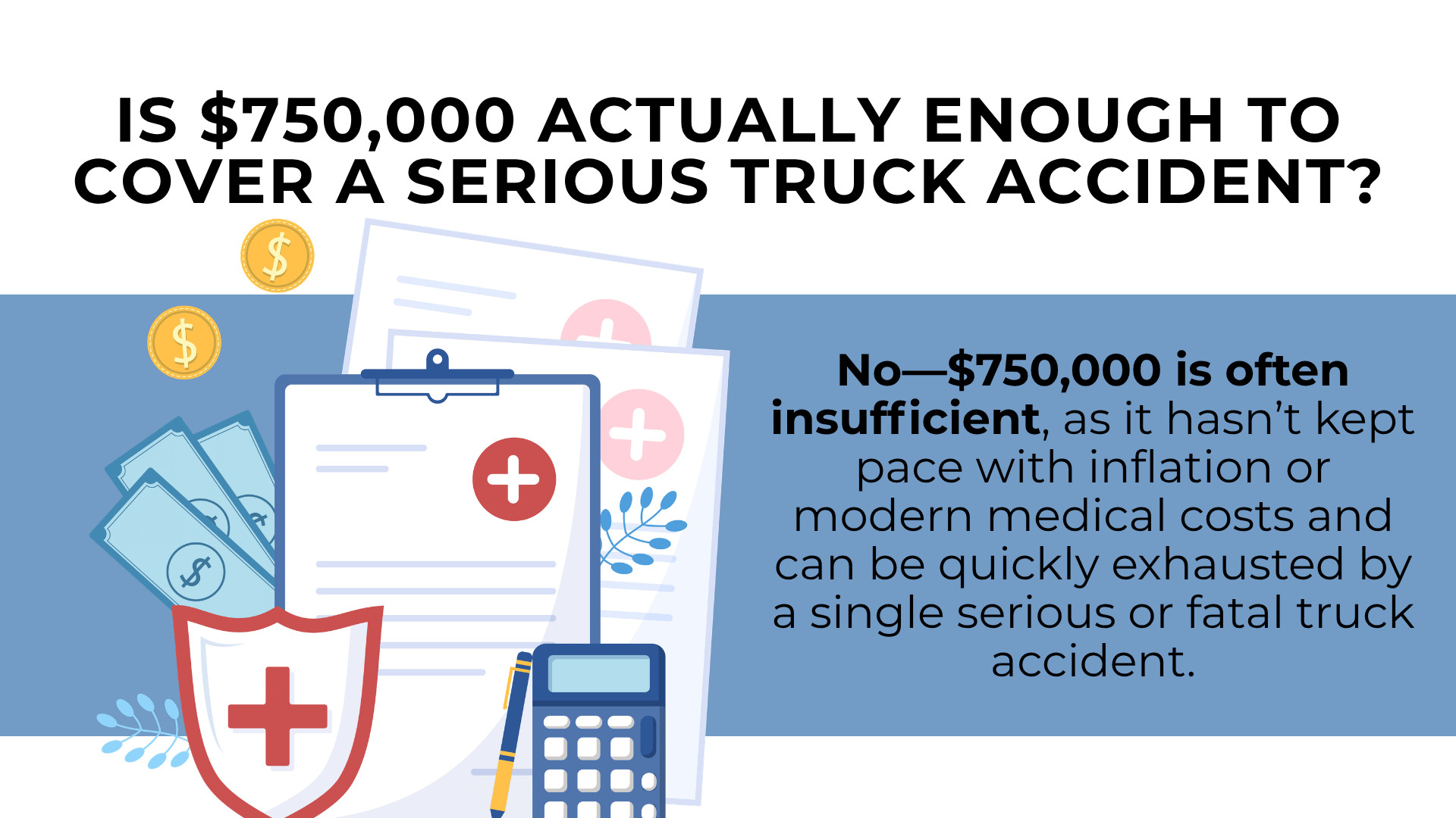 Medical bills, shield, and cash illustrating that $750,000 coverage is often insufficient for serious crashes