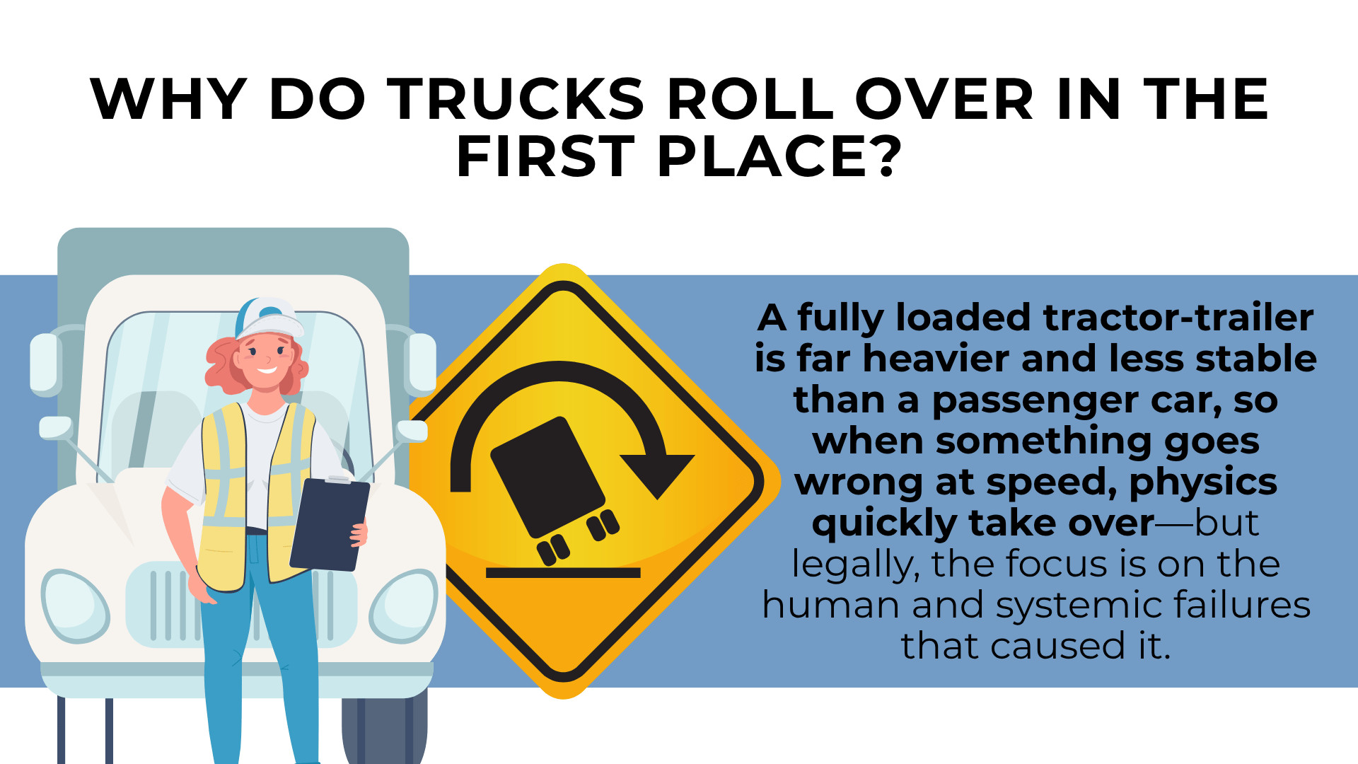 Worker by truck and warning sign explaining heavy tractor-trailers lose stability at speed leading to rollovers