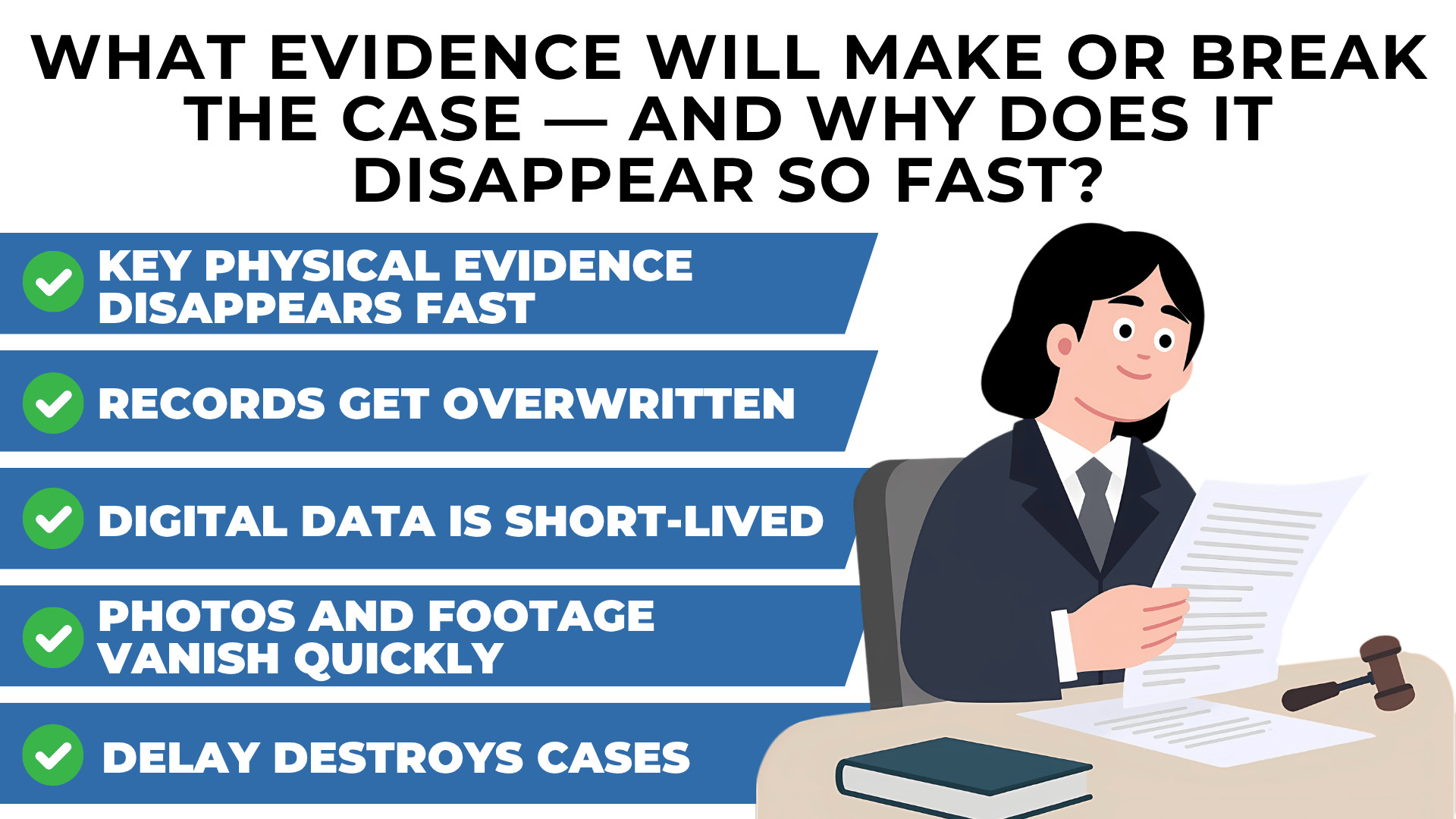 Checklist with icons explaining lost physical evidence, overwritten records, and vanishing photos after crashes